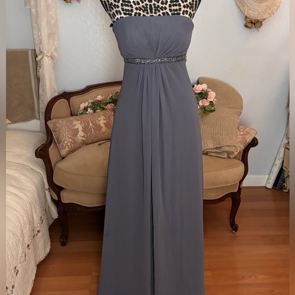 Bill Levkoff Strapless Slate Gray Maxi Gown with Beaded Waist